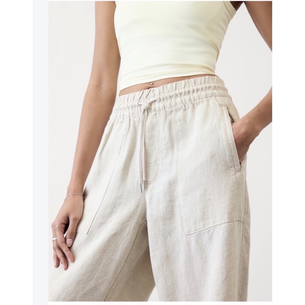 Zara Womens Small Beige Linen Blend Elastic Waist Drawstring Patch Pocket Pants